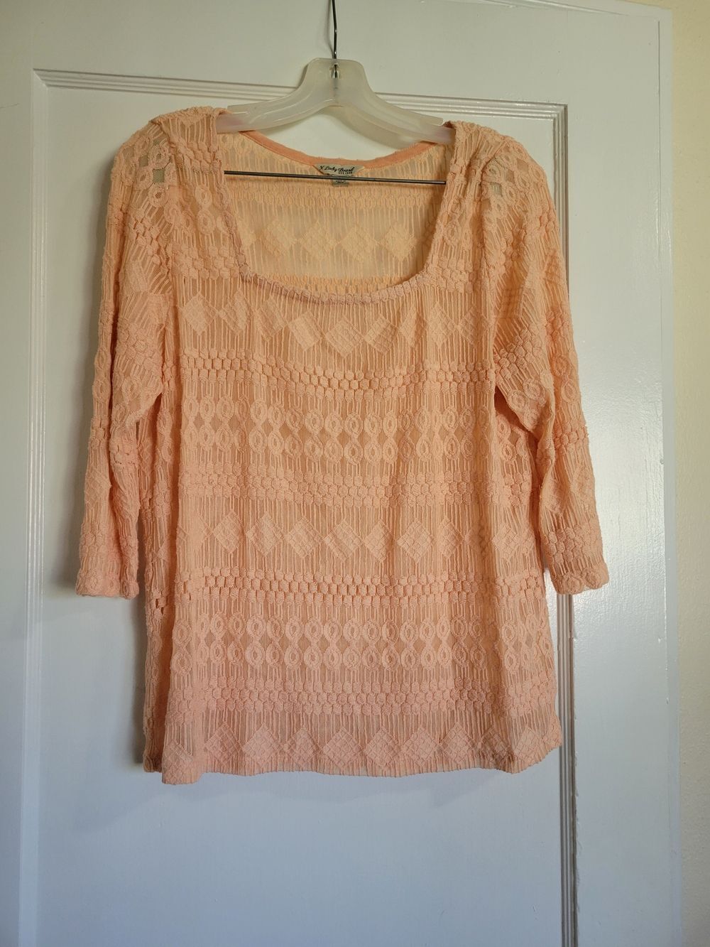 Lucky Brand Peach Scoop Crochet Mesh 3/4 Sleeve Boat Neck top